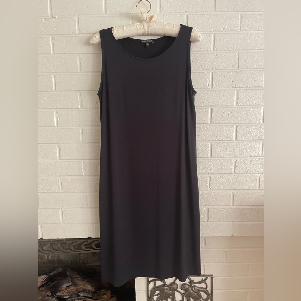 EILEEN FISHER simple shift dress. Navy blue, size Medium. Drapes beautifully.
